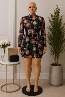 SHEIN Curve Floral Print Mock-Neck Long Sleeve Mesh Mini Dress